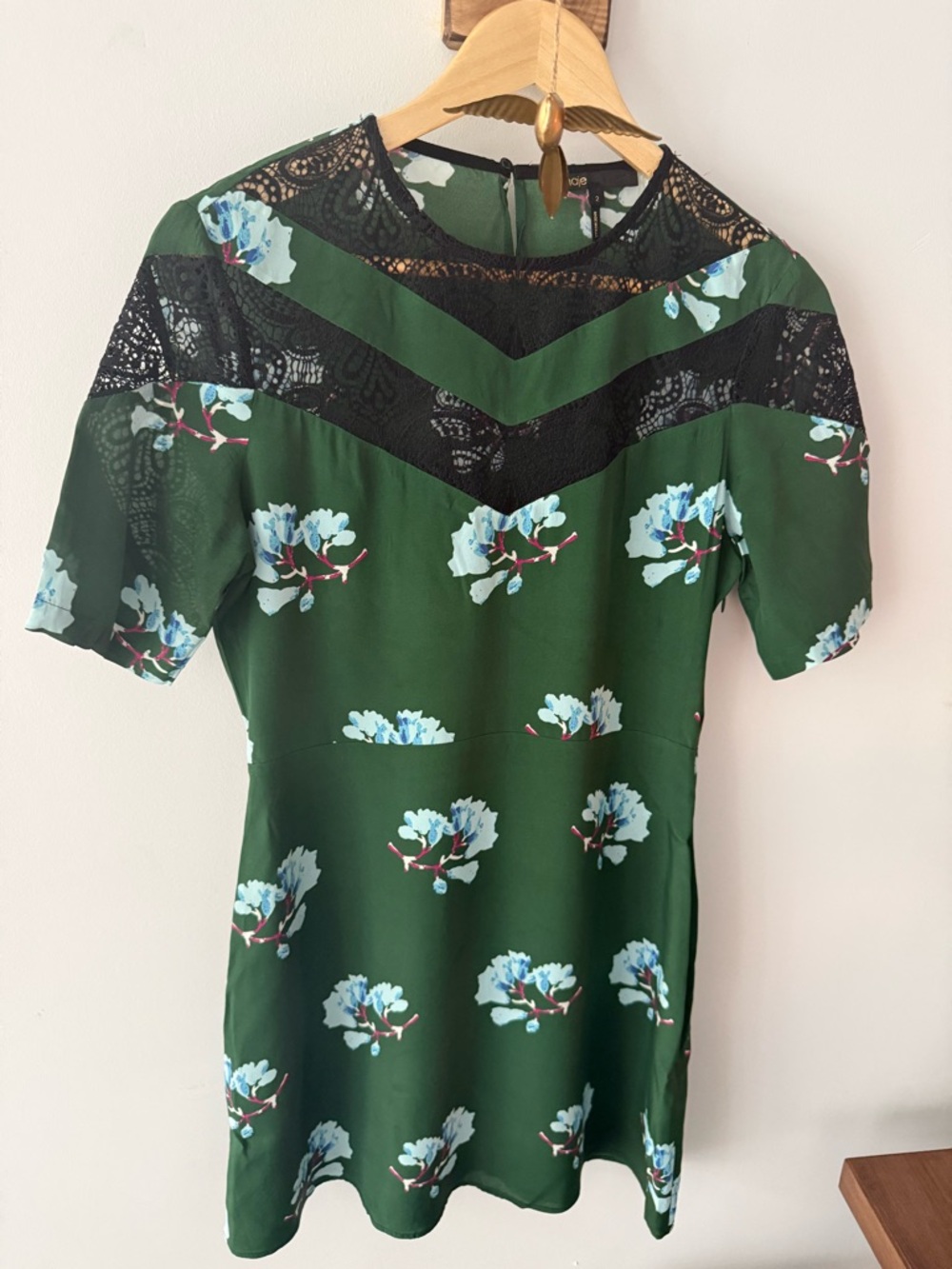 Maje Green Floral Lace-Trim Short Sleeve Dress Top